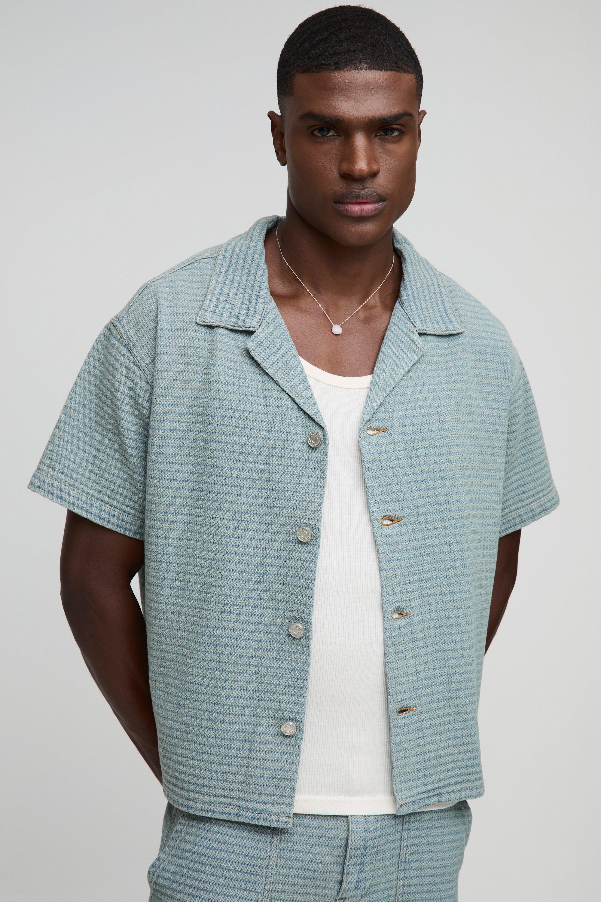 boohoo MAN★半袖 ボタン留め デニム シャツ ワイシャツ★青★ Men's Denim Shirts | Jean Shirts For Men | boohooMAN USA